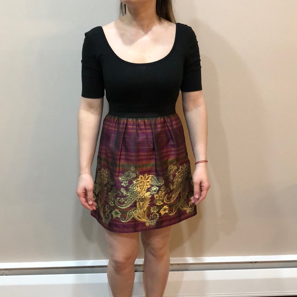 Black dress with gold paisley design